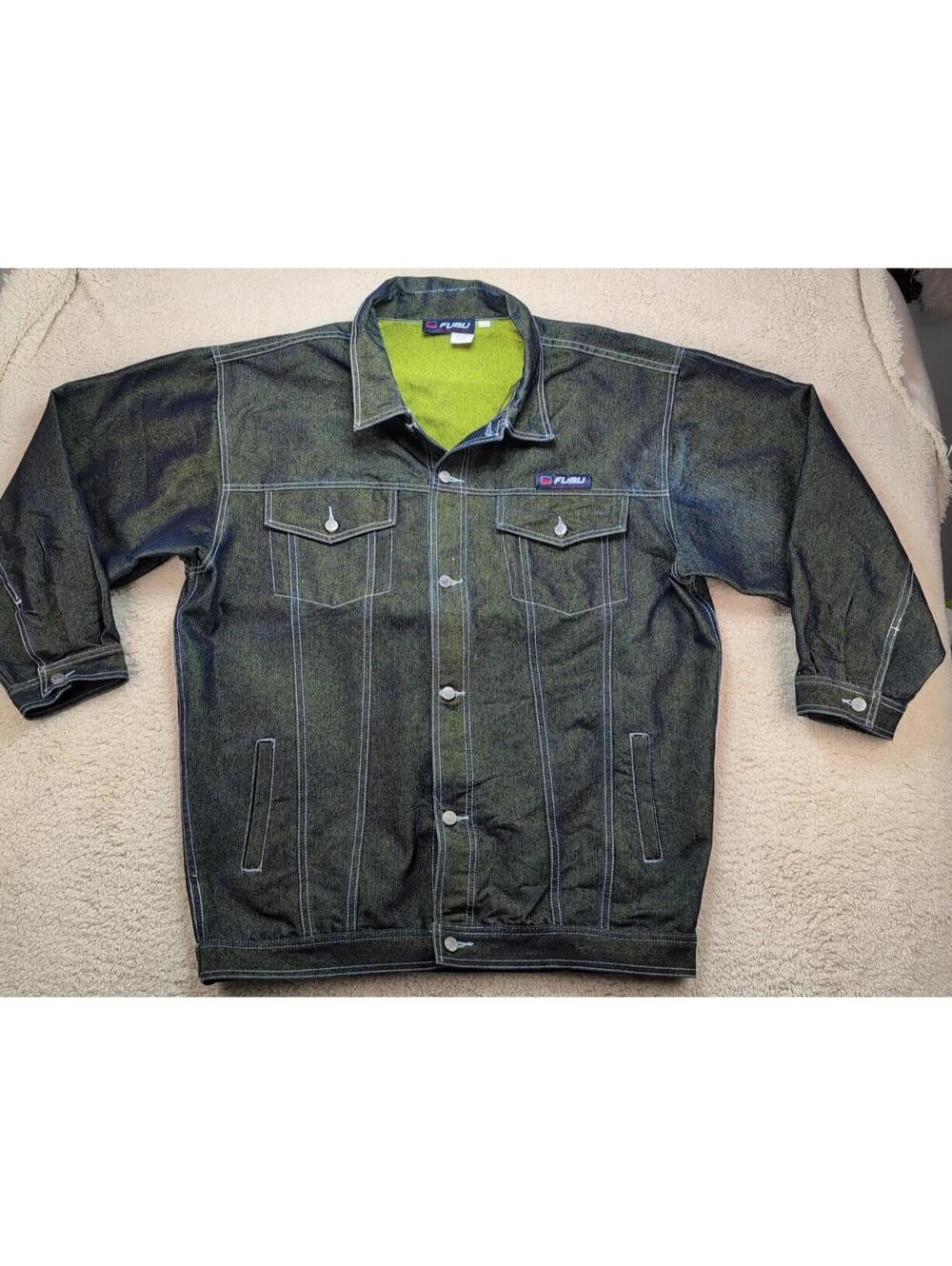 FUBU Men's 3XL Dark Wash Denim Jacket Button Front Streetwear Hip Hop